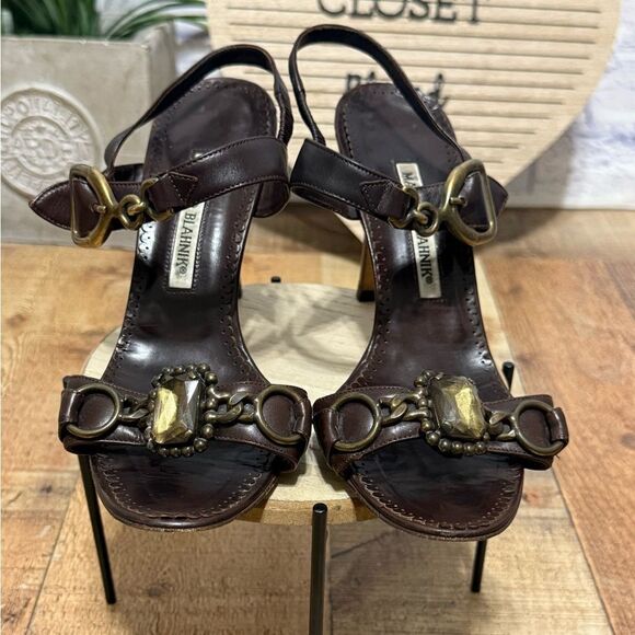 Manolo Blahnik brown leather high heel sandals - Picture 6 of 14